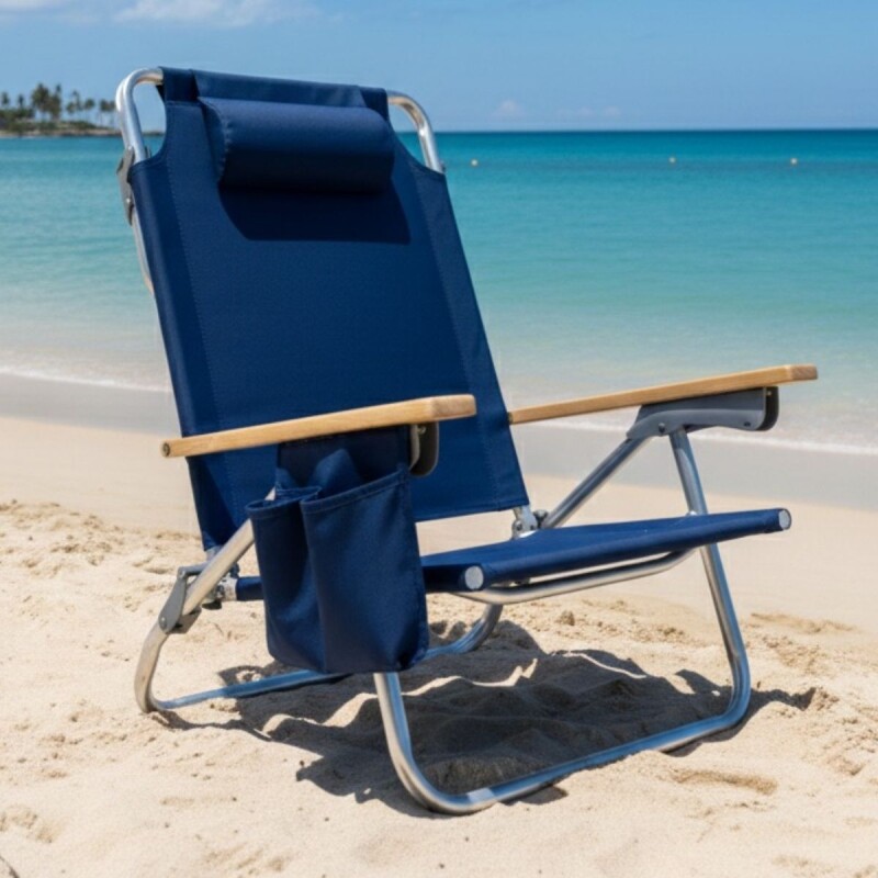 Reposera x2 Silla de aluminio baja con posa brazos de madera AZUL