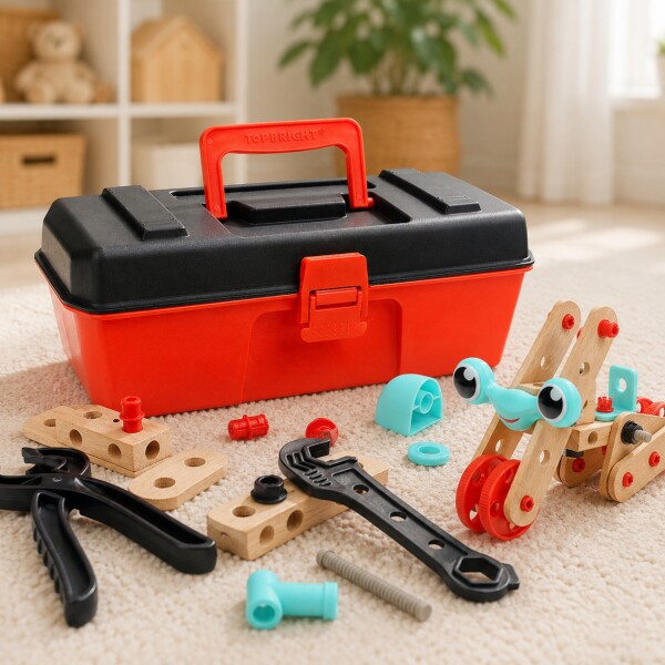 Set Caja Herramientas Construcción Infantil Madera 30cm Rojo 1