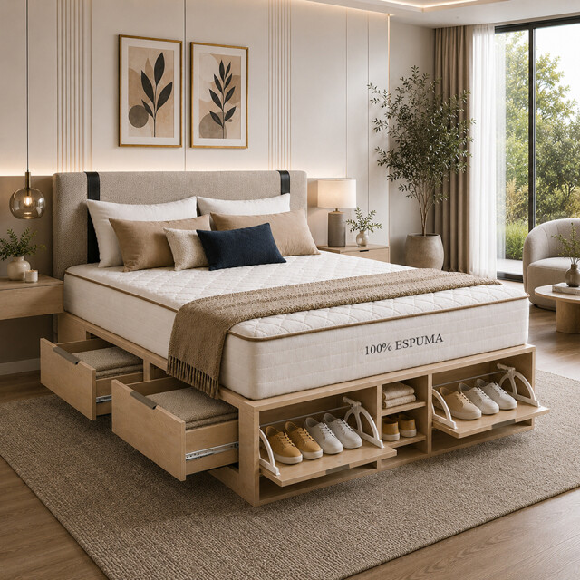 COMBO DORMITORIO: CAMA QUEEN SIZE CON CAJONES Y ZAPATERA + COLCHÓN 100% ESPUMA + CABECERA TAPIZADA COMBO DORMITORIO: CAMA QUEEN SIZE CON CAJONES Y ZAPATERA + COLCHÓN 100% ESPUMA + CABECERA TAPIZADA