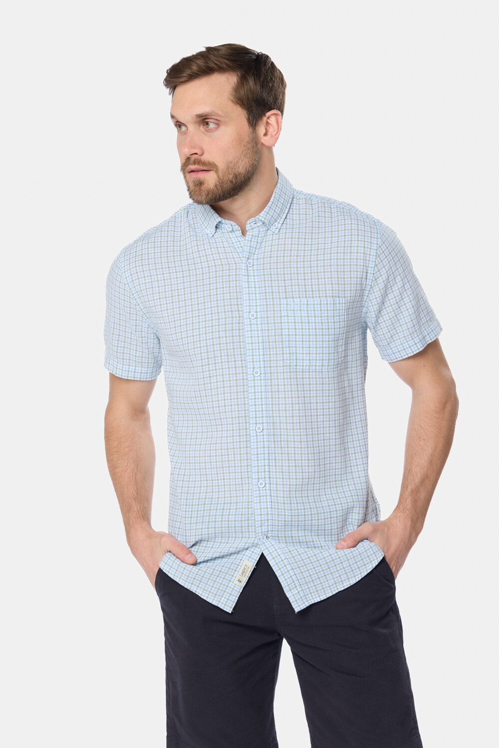CAMISA CUADROS DE LINO Celeste