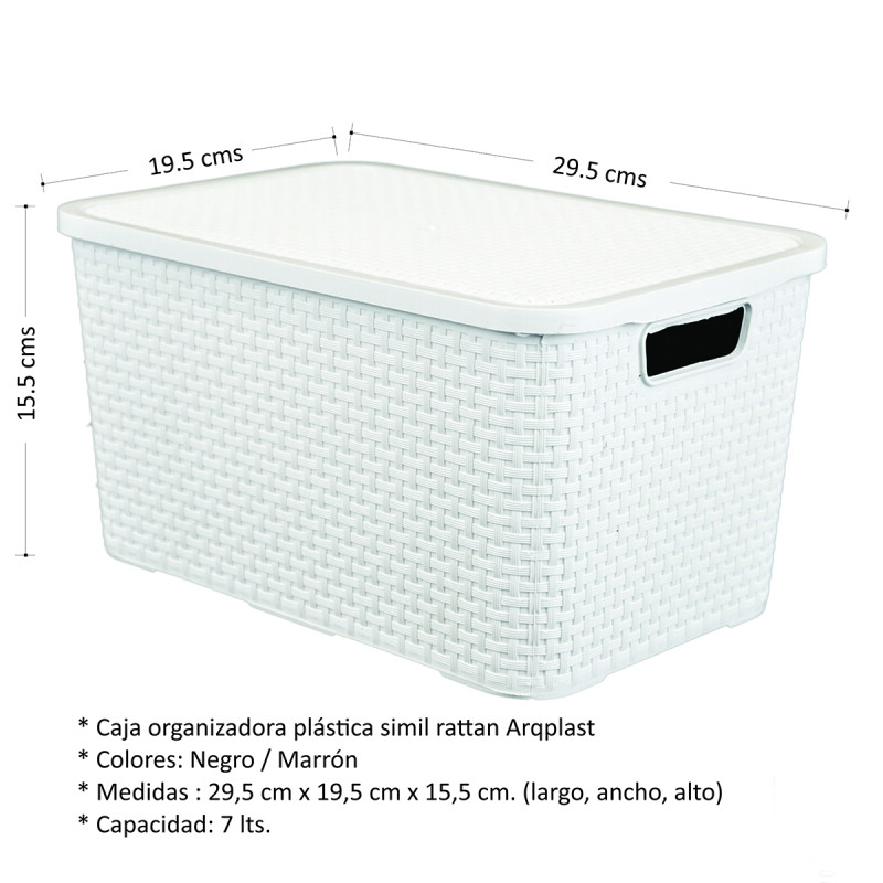 Set x3 caja organizadora plástica simil ratán 7 lts BLANCO