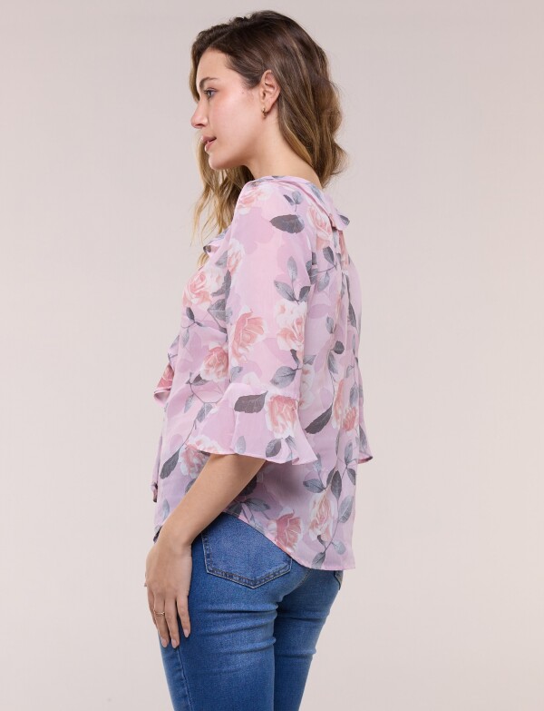 Blusa Con Escote En V Y Volados En Cascada ROSA/MULTI
