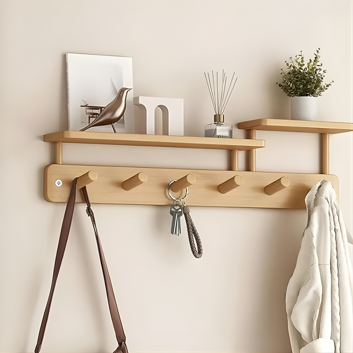 Perchero De Pared 8 Ganchos Colgante Con Repisas De Madera - MARRON CLARO 