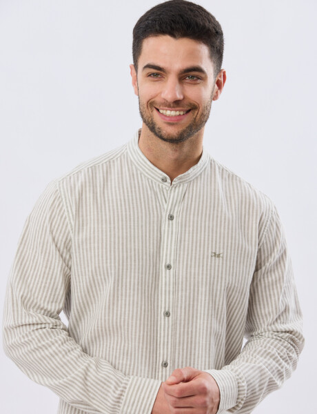 CAMISA RAYADA DE LINO CUELLO MAO Verde