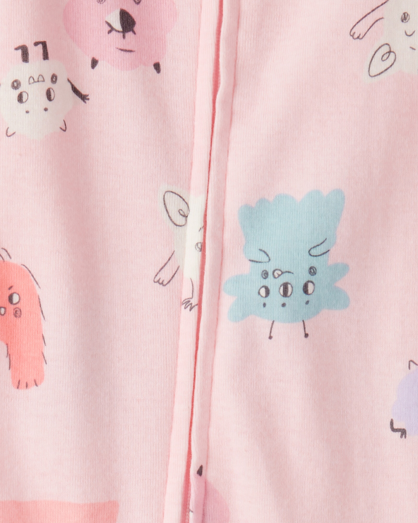Pijama una pieza de algodón, con pie, rosado, diseño monstruos Sin color