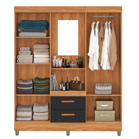 Ropero Vetro 4 Puertas 2 Cajones con Espejo, Perchero y Tocador 150cm MDP - Cinamomo Negro Ropero Vetro 4 Puertas 2 Cajones con Espejo, Perchero y Tocador 150cm MDP - Cinamomo Negro