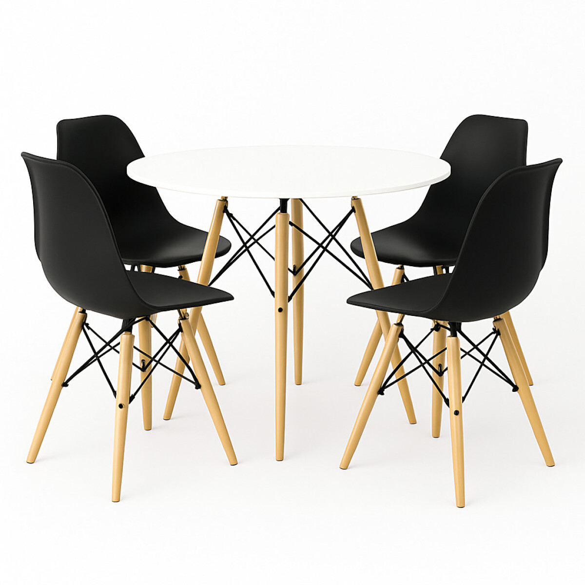 Juego de comedor Con Mesa Circular de 80cm + 4 Sillas Eames - Negro/Blanco 