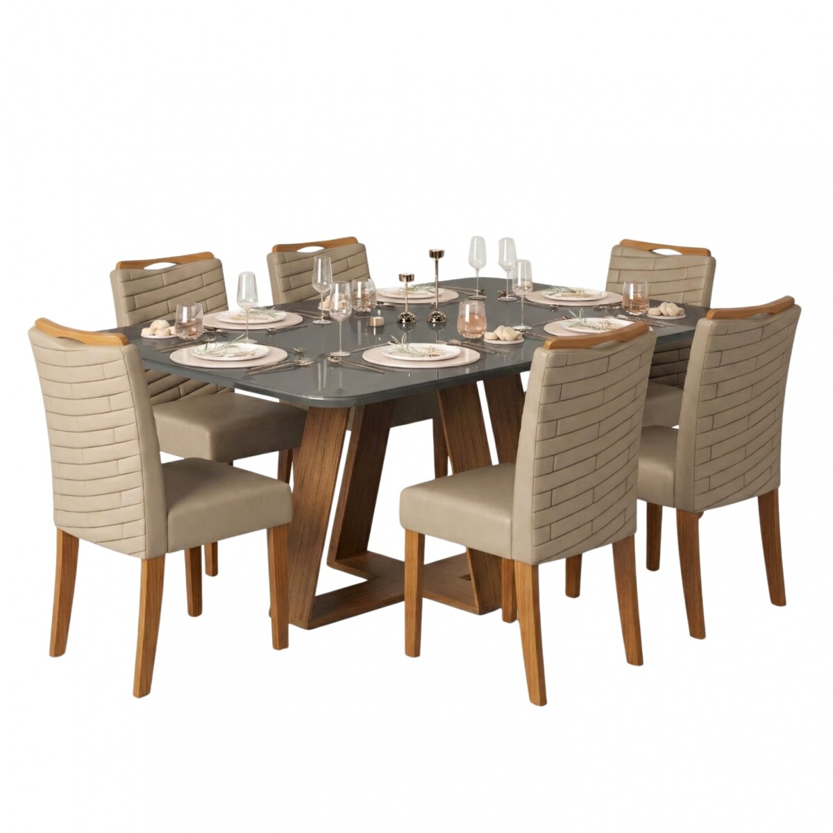 Juego De Comedor - 6 Sillas + Mesa Vidrio - Celeste - Marrón | Gris 