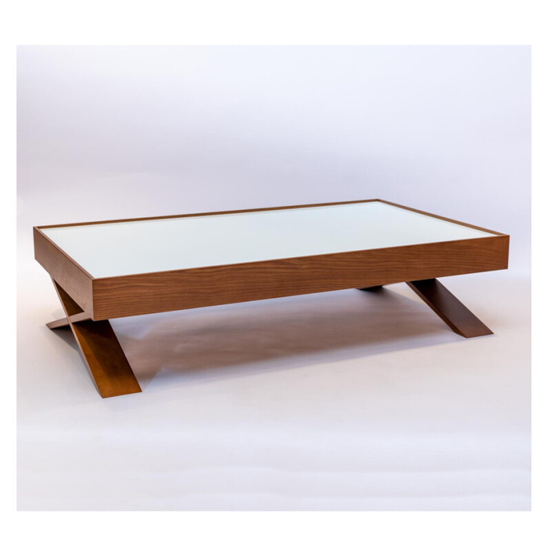 Mesa Centro - pata cruz - laca blanca y madera Cinamomo - vidrio blanco Mesa Centro - pata cruz - laca blanca y madera Cinamomo - vidrio blanco