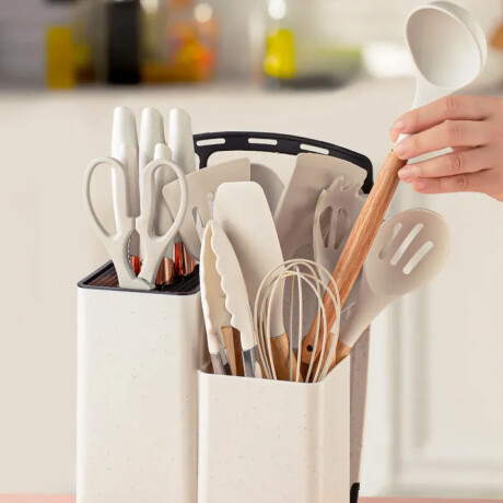 Set Utensilios Cocina 19Pz + Escurridor Ac.Inox Sobre Mesada Beige