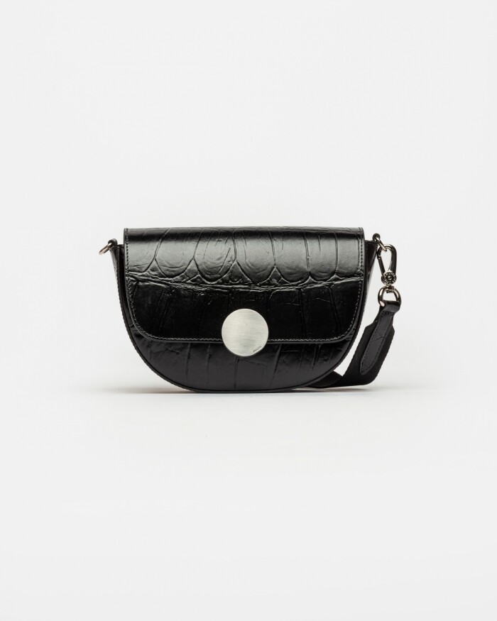 Bandolera The Circle En Cuero Grabado Croco Negro