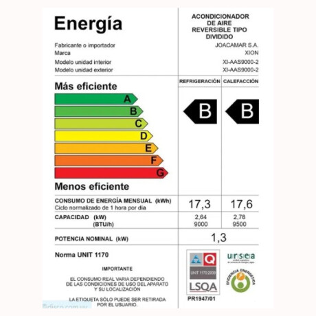 Aire acondicionado XION 9000 BTU On Off