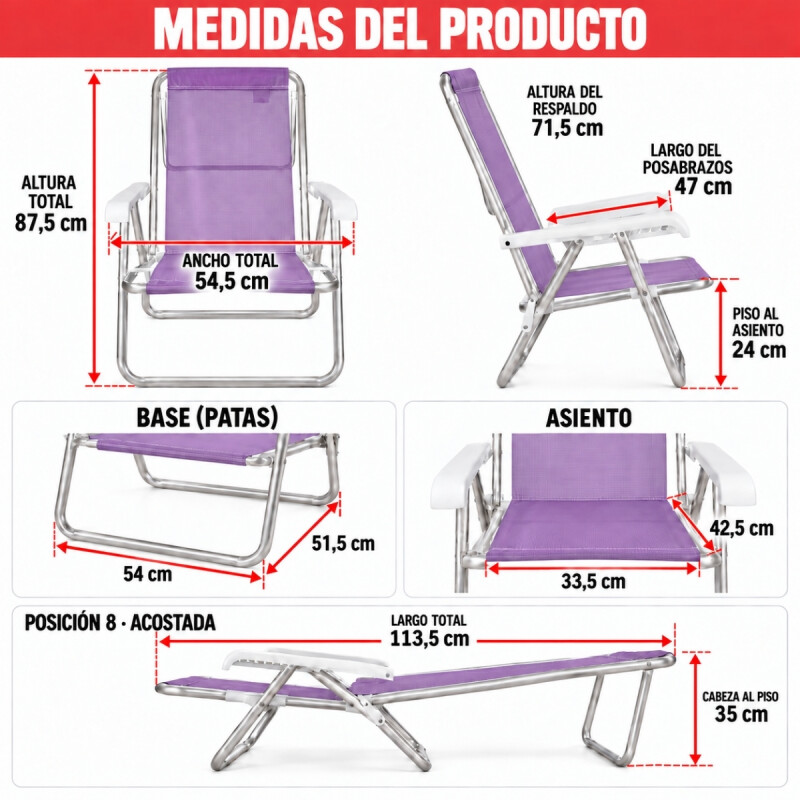 Set X 2 Sillas Reclinables 8 Pos. Alum. Sannet VIOLETA