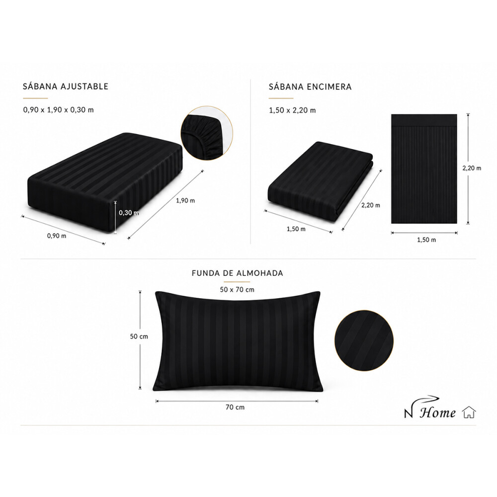Juego Completo de Sabanas 1 Plaza 400 Hilos Premium Negro