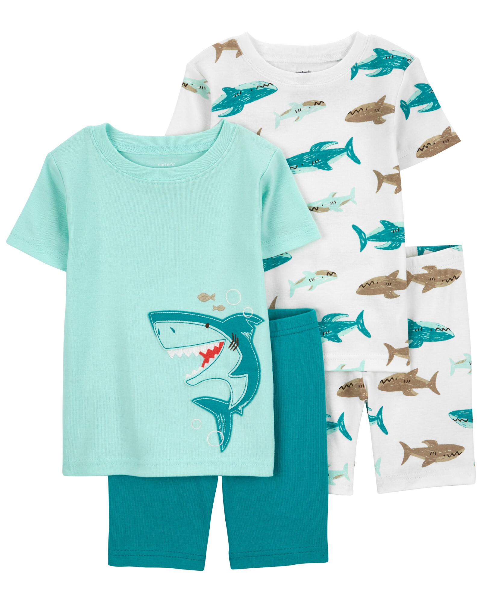Pijama cuatro piezas de algodón, dos bermudas y dos remeras manga corta diseño tiburones Pijama cuatro piezas de algodón, dos bermudas y dos remeras manga corta diseño tiburones