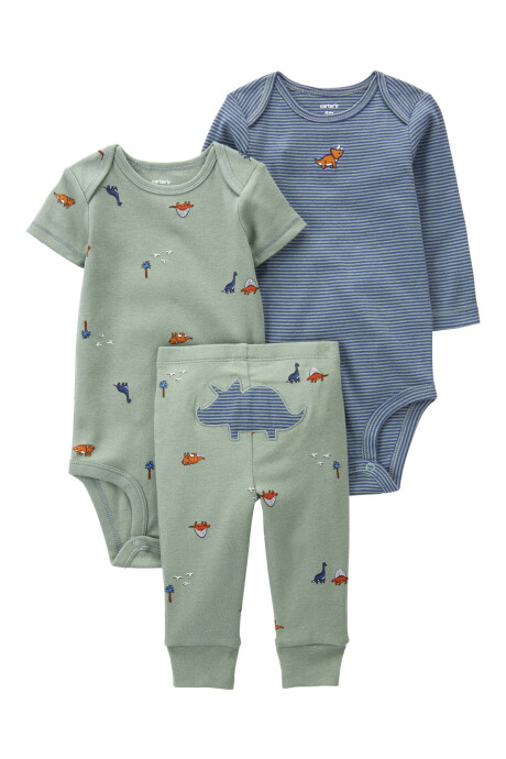 Set tres piezas de algodón, pantalón y bodies, diseño dinos Set tres piezas de algodón, pantalón y bodies, diseño dinos