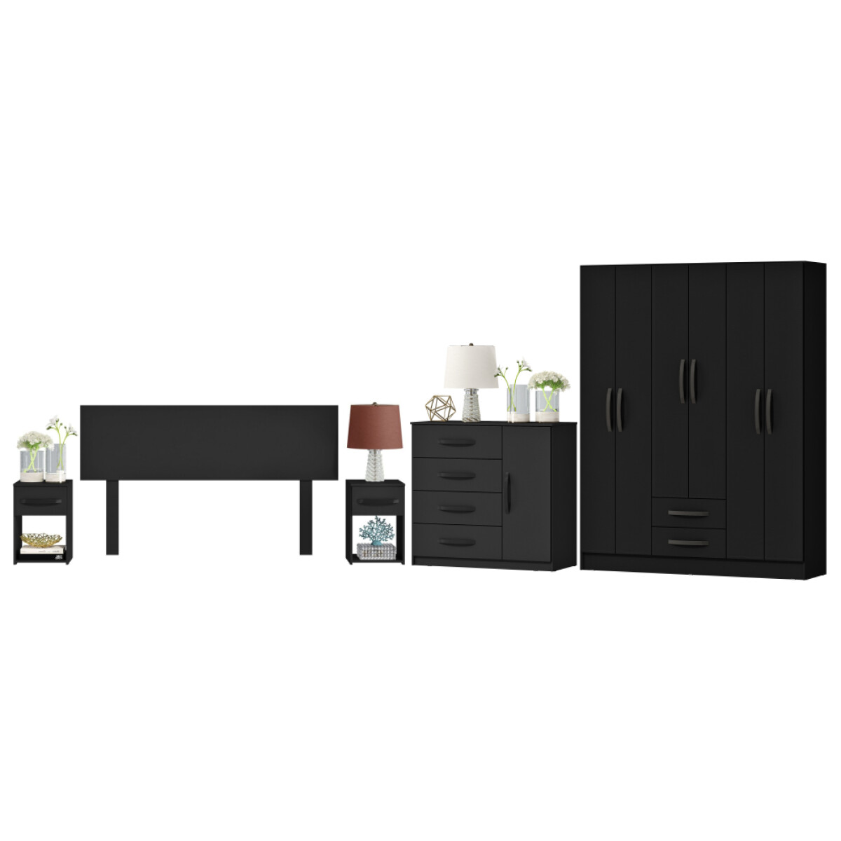 Combo Armario 6 Puertas, Respaldo, Mesas de luz, Cómoda - MDP - Negro 