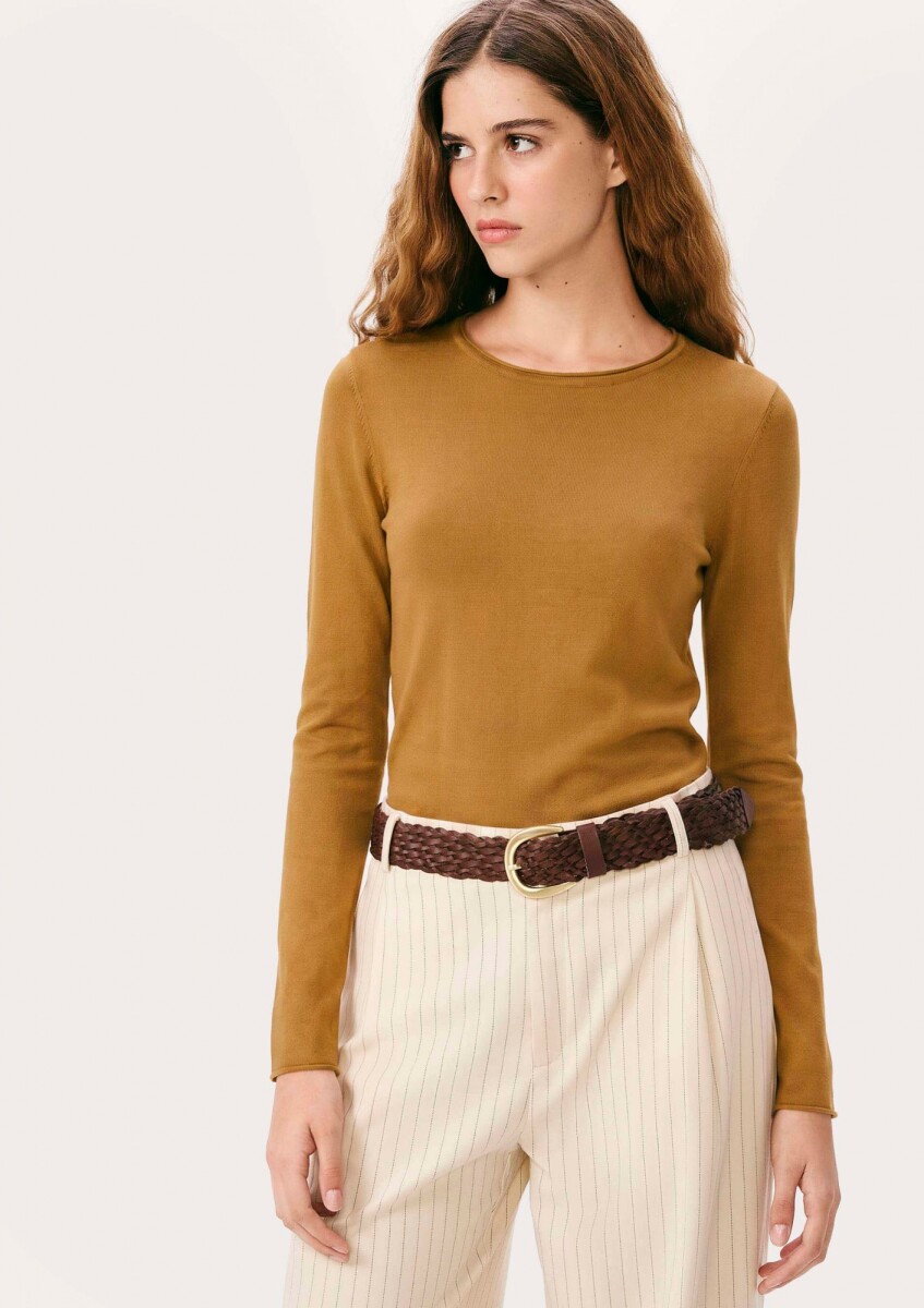 BLUSA DE MANGA LARGA AJUSTADA EN TEJIDO DE PUNTO LIGERO - MARRÓN 