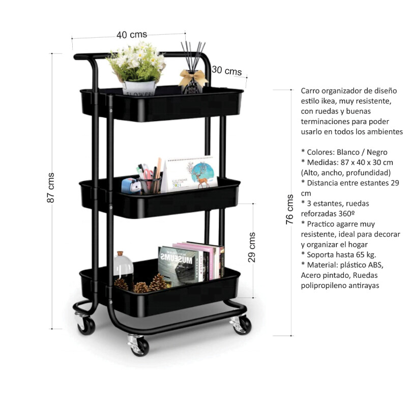 Carro organizador 3 estantes con ruedas NEGRO