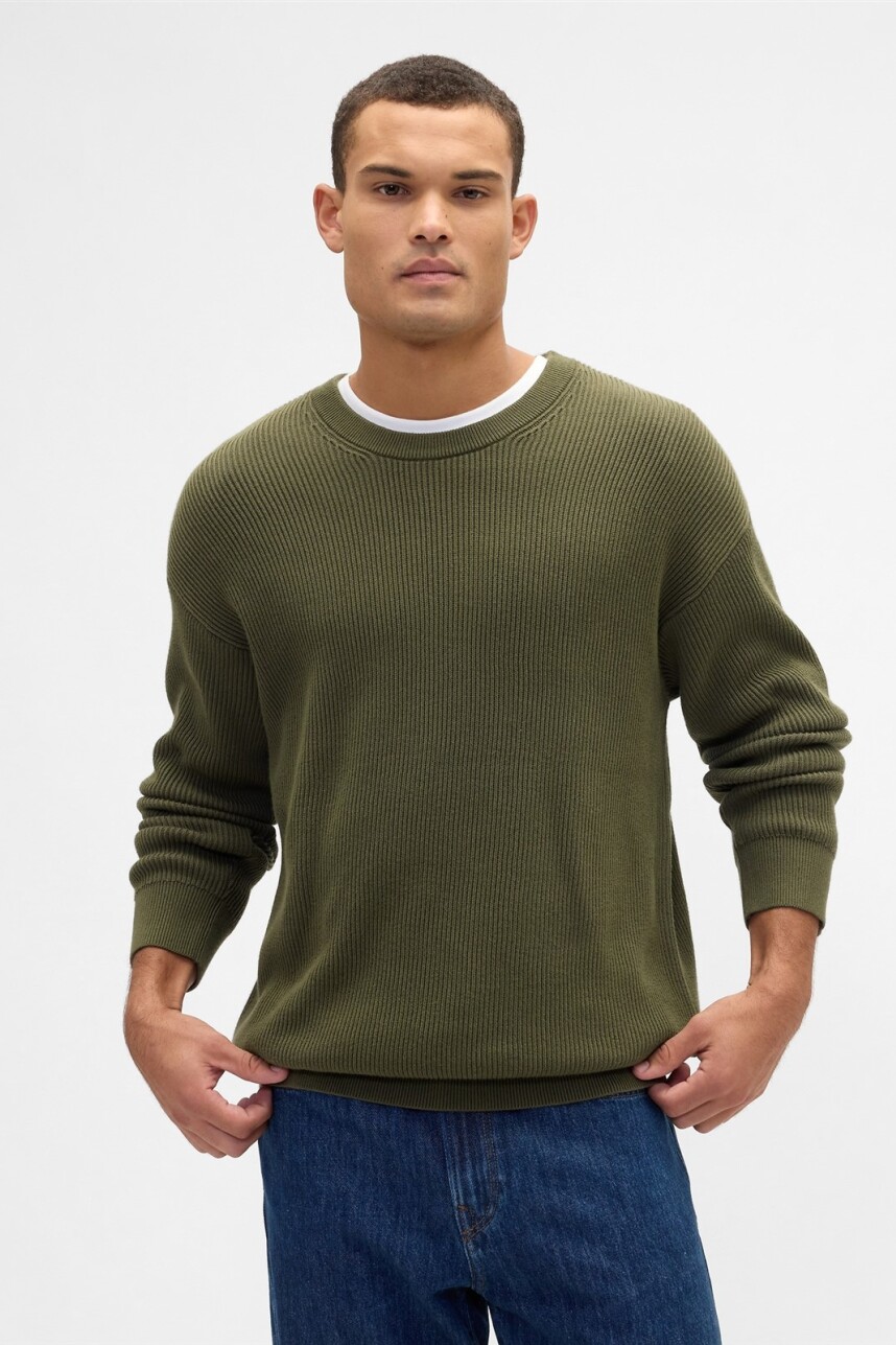 V-PLAITED RIB CREW Army Jacket Green