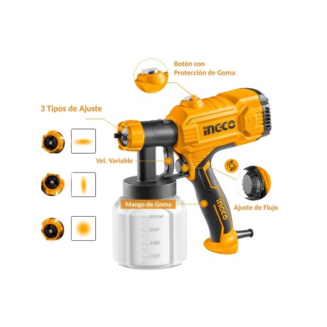 Pistola para pintar eléctrica Ingco 350w con recipiente plástico 800ml Naranja/Negro