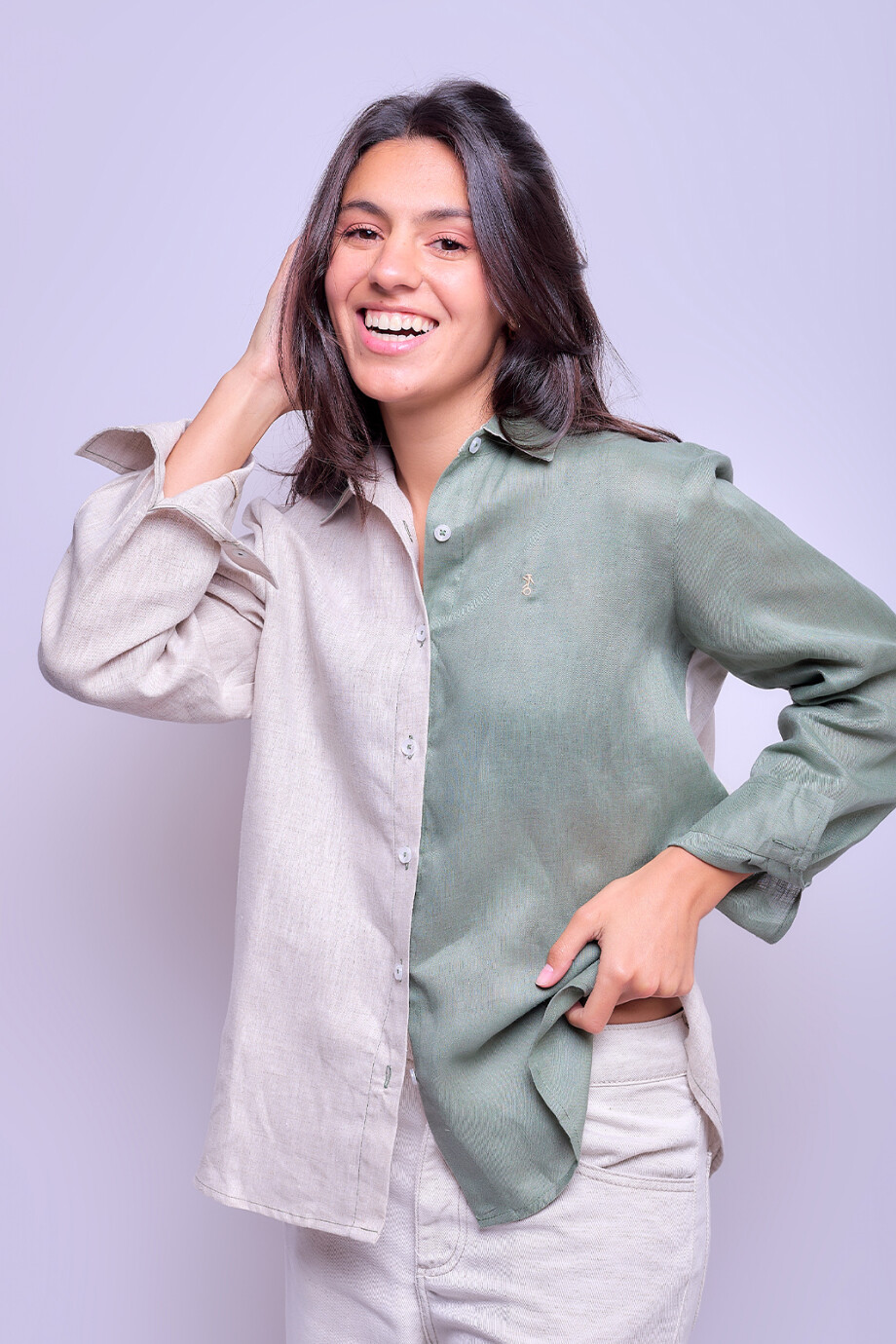 Camisa Suspiro en Lino Combinada Beige con Verde