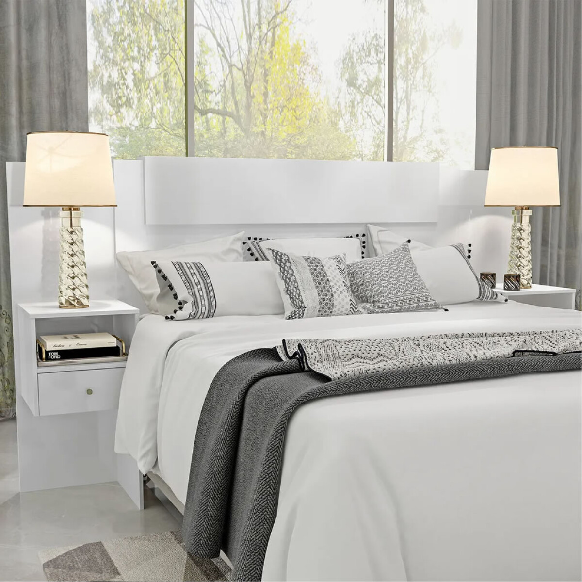 Respaldo y 2 Mesas de Luz Ajustables para Camas de 2 Plazas / Queen - Blanco 