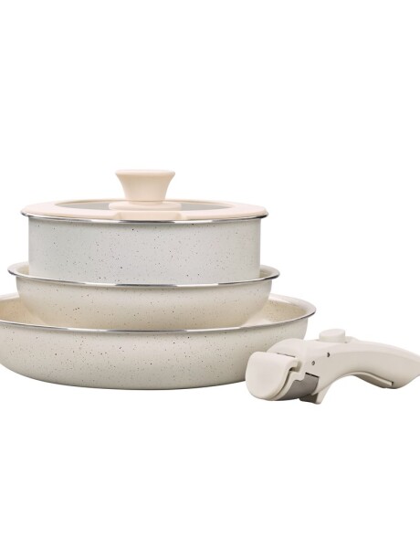 JUEGO BATERIA 5 PIEZAS MANGO DESMONTABLE CERAMICO CREMA APTO INDUCCION JUEGO BATERIA 5 PIEZAS MANGO DESMONTABLE CERAMICO CREMA APTO INDUCCION