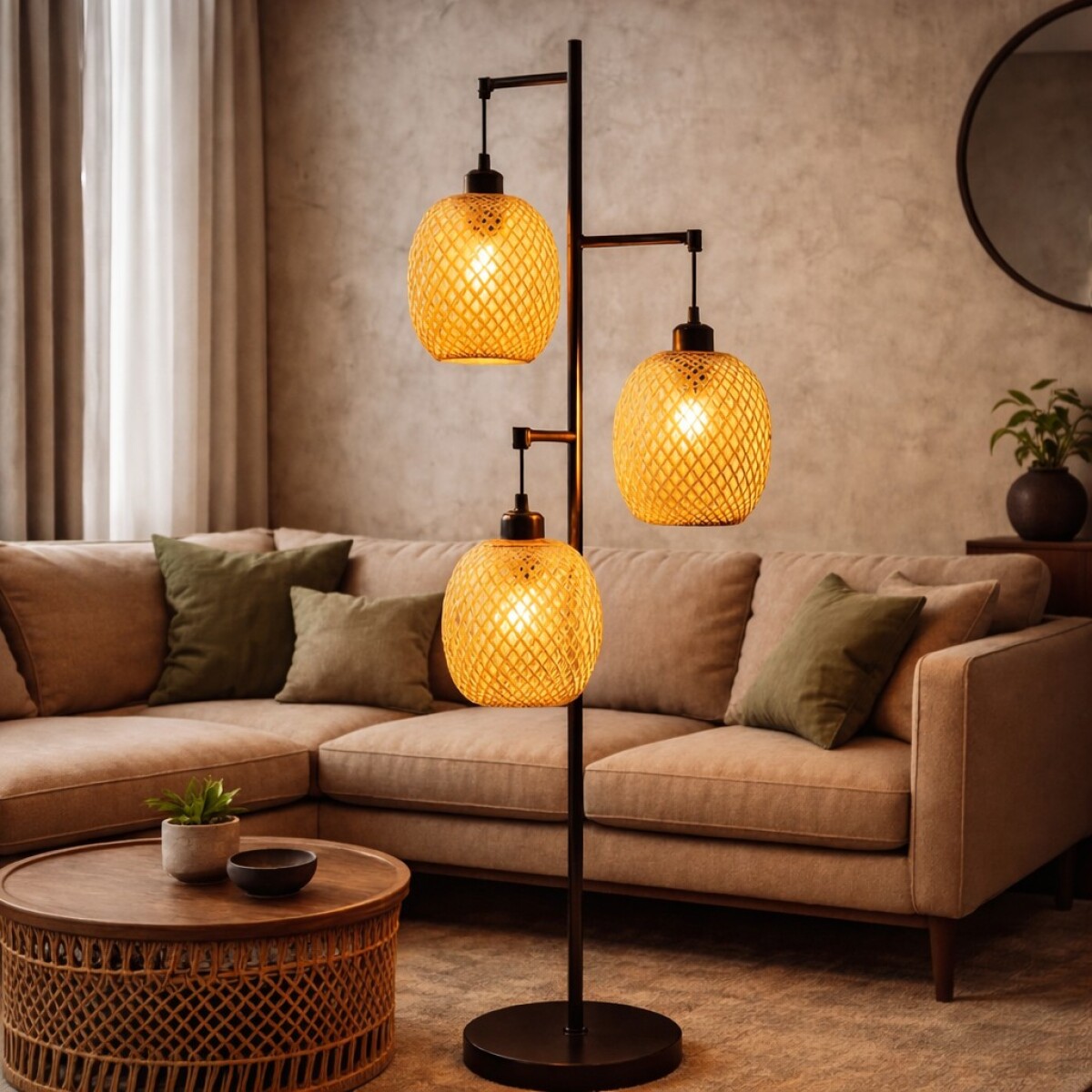 Lámpara de Pie Triple Pantalla Estilo Natural/Bambú 