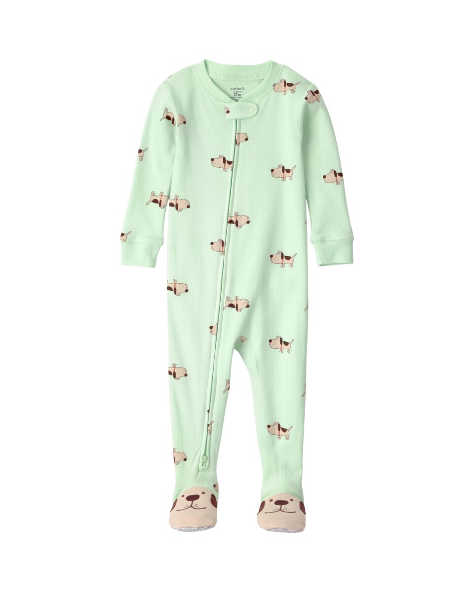 Pijama enterito de algodón con pie, verde, diseño perros. Talles 12-24M 