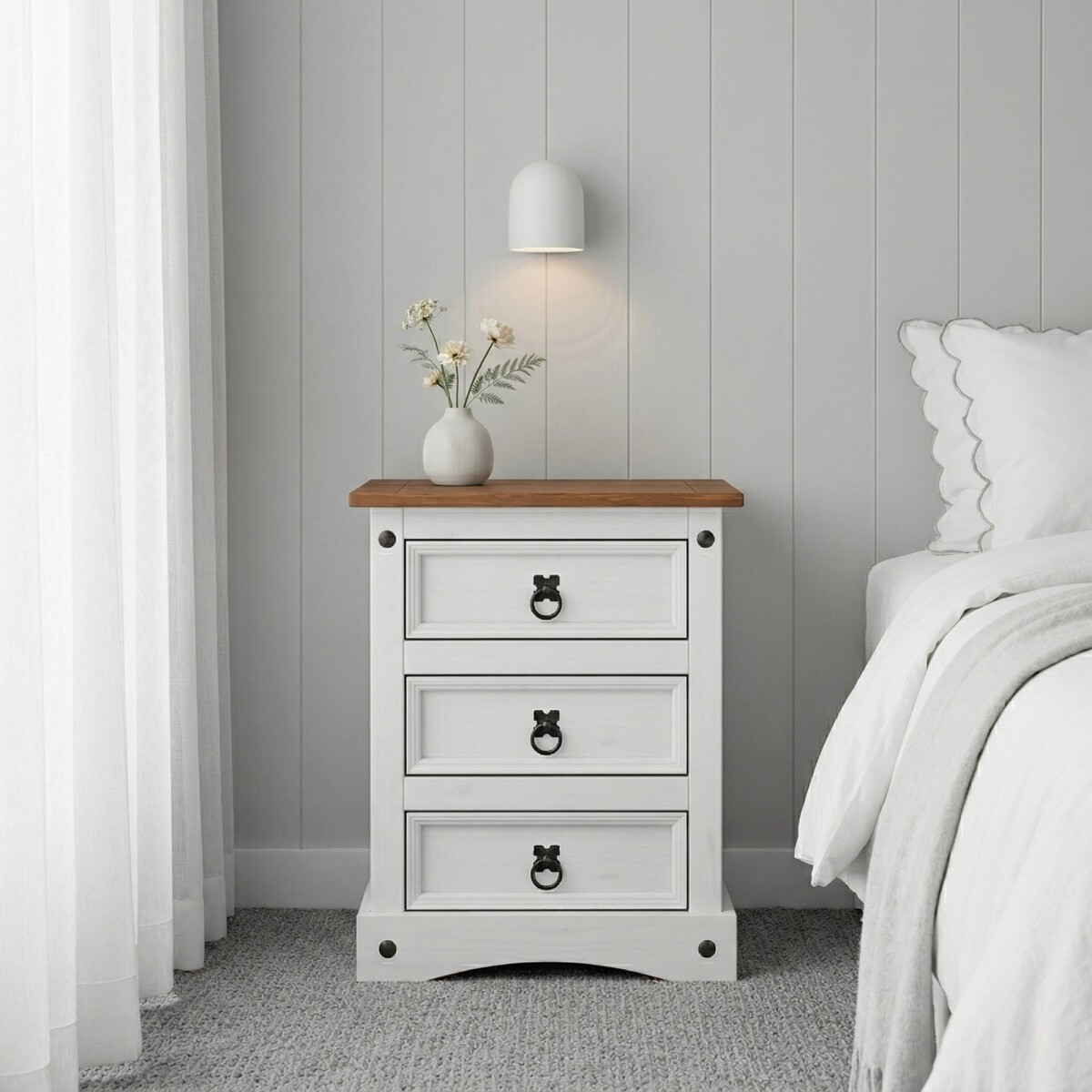 Mesa de luz 3 Cajones Línea Naturale - Blanco/Roble 