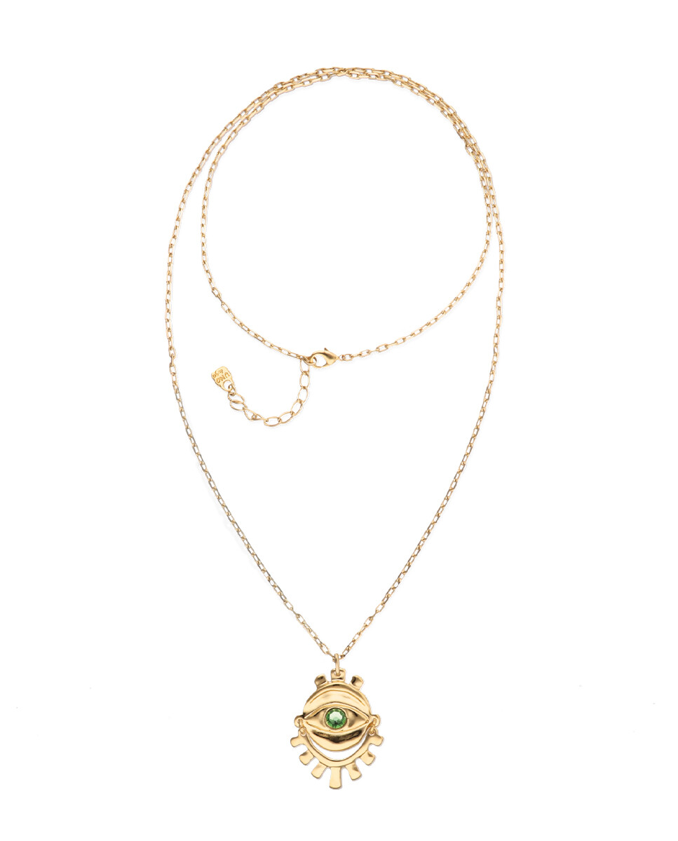 COLLAR LARGO DE ALEACION DE METALES BAÑADO EN ORO DE 18K CON DETALLE DE OJO Y CRISTAL FACETADO VERDE - Colgante 