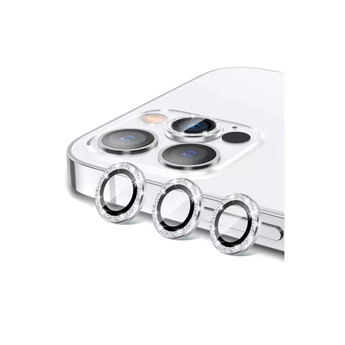 Protector de cámara iPhone 11/12 Pro brillos plateados 