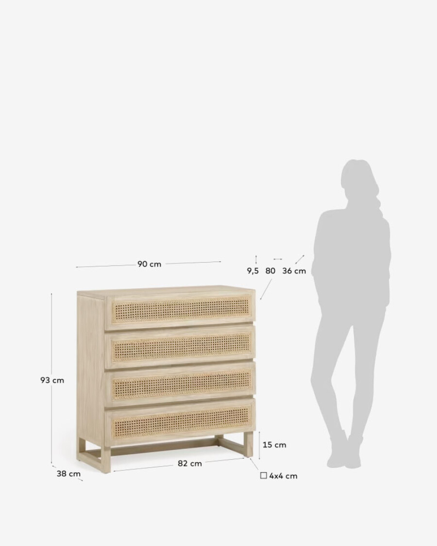 Cómoda Rexit 4 cajones madera maciza y chapa mindi con ratán 90 x 93 cm Cómoda Rexit 4 cajones madera maciza y chapa mindi con ratán 90 x 93 cm