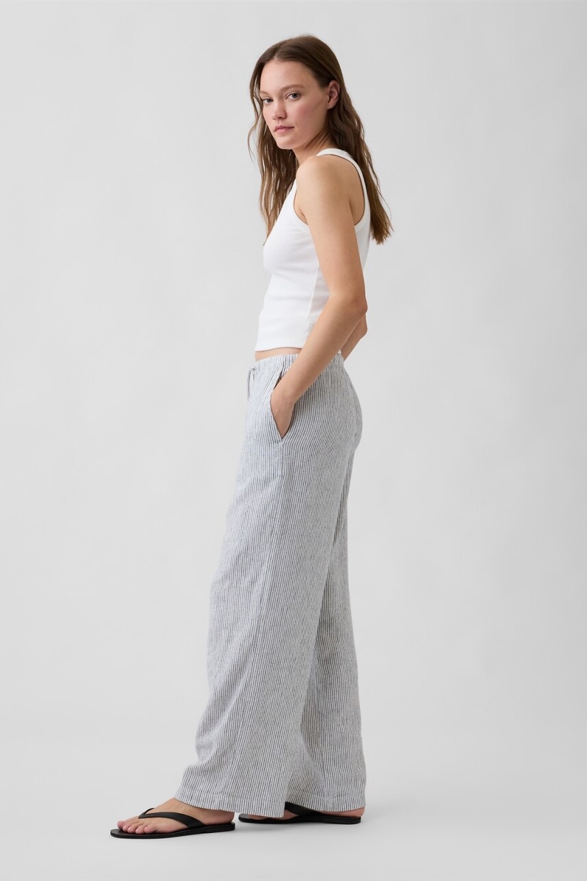 Pantalón De Lino Wide Mujer Navy Ivory Stripe