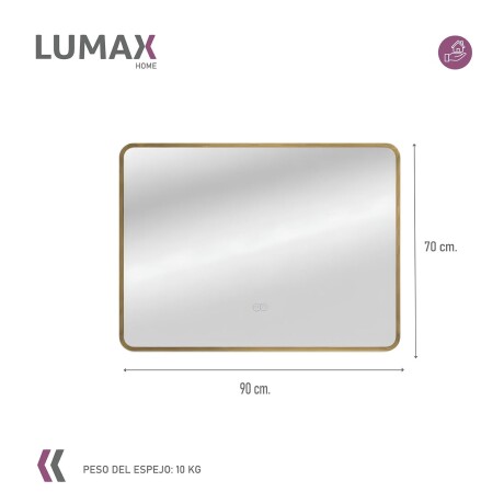 Espejo Horizontal Lumax c/marco desempañador y luz 90x70cm Dorado