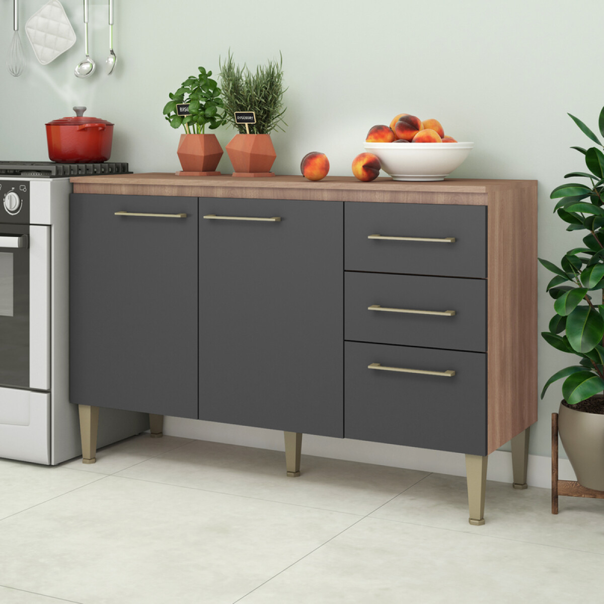 Bajo Mesada Malu Con Tapa 3 Puertas y 2 Cajones con Guías Metálicas - Manchester / Grafito 