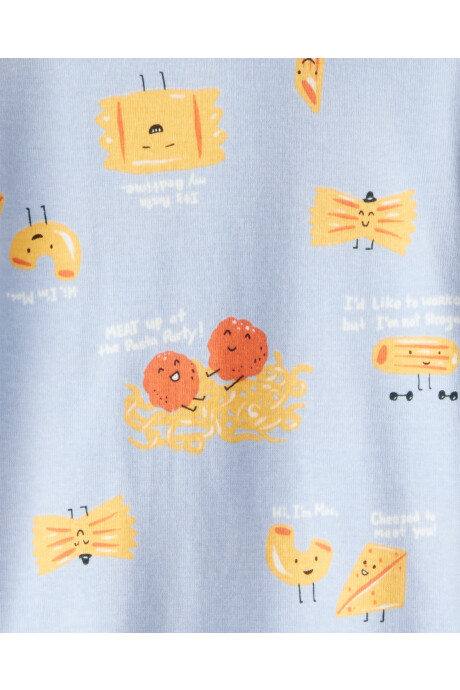 Pijama cuatro piezas de algodón, dos remeras manga larga y dos pantalones, diseño pasta Sin color