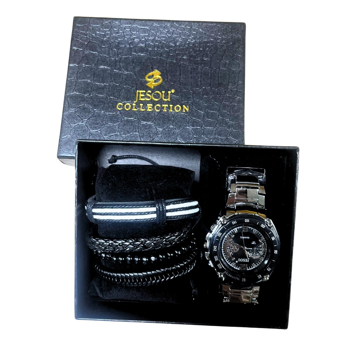 Pack Caballero de Reloj Pulsera y Juego de Pulseras E-065 - NEGRO 