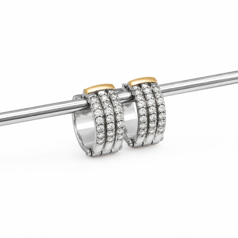 Caravanas Aro Triple Línea con Zirconias- Plata y Oro CA8459 conpiedra
