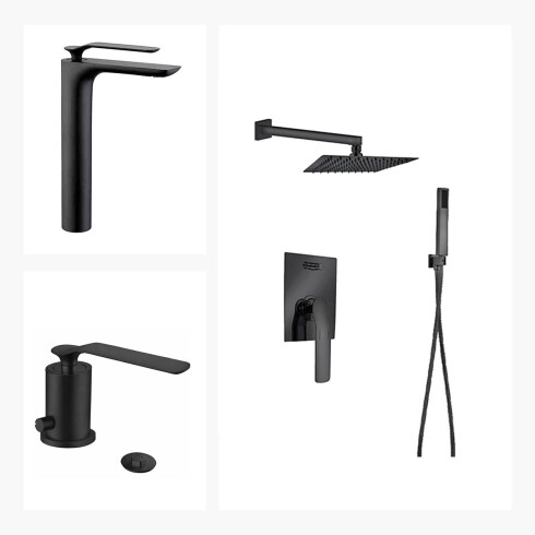 JUEGO COMPLETO DE GRIFERIA INCLUYE DUCHA EMBUTIDA ,LAVATORIO ALTO Y BIDET LINEA MODENA AQUALIA NEGRO