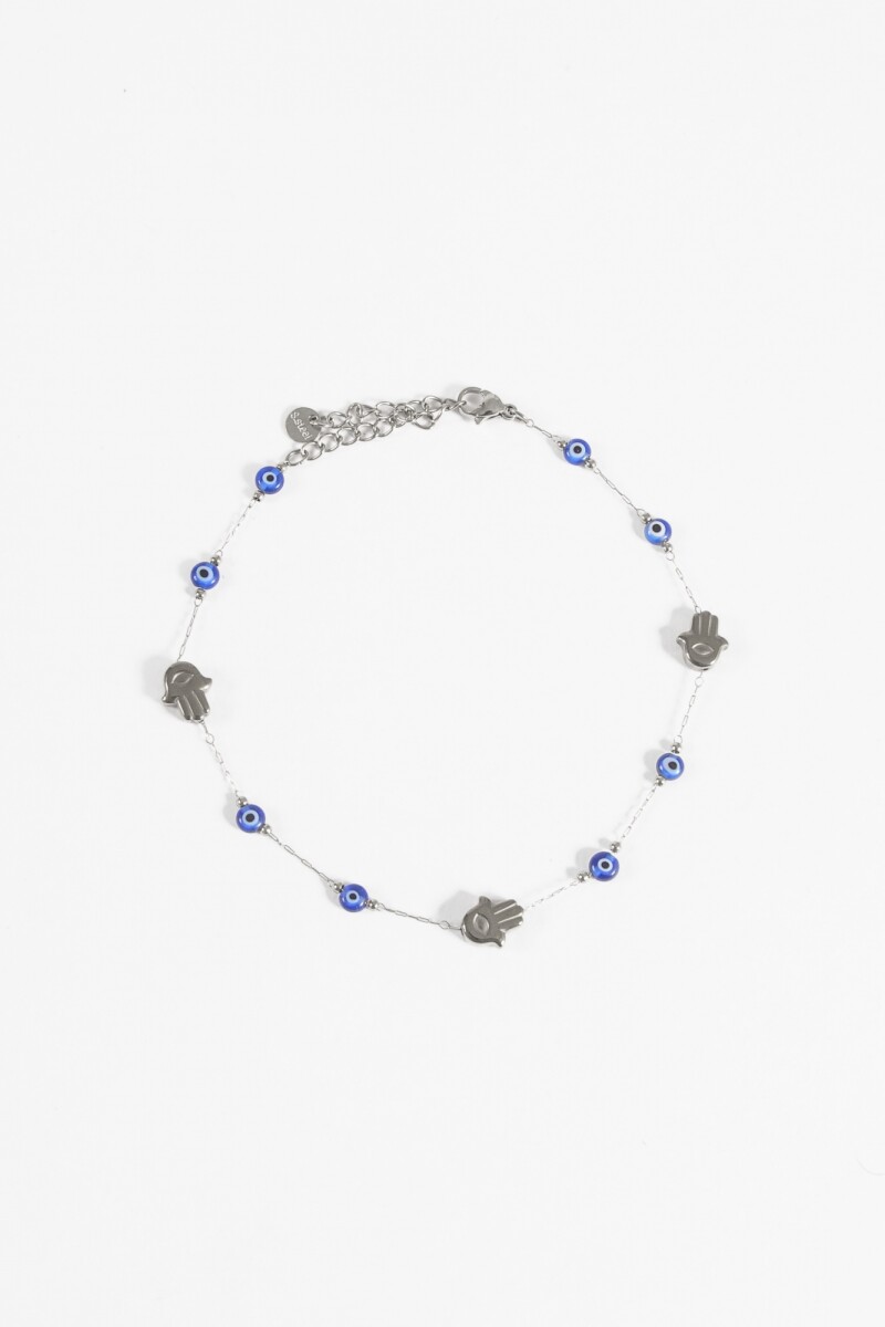 Tobillera acero ojitos hamsa resina plateado