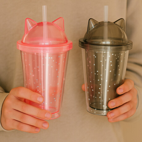 Vaso plástico orejas gatito con tapa y sorbete – 350ml Rosado