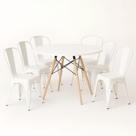 Juego de comedor mesa Redonda 120cm + 6 Sillas Tolix Blanco
