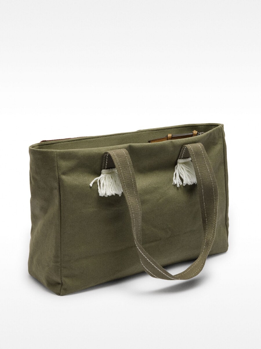 Bolso Shopper De Tejido Aplicaciones Multicolor caqui