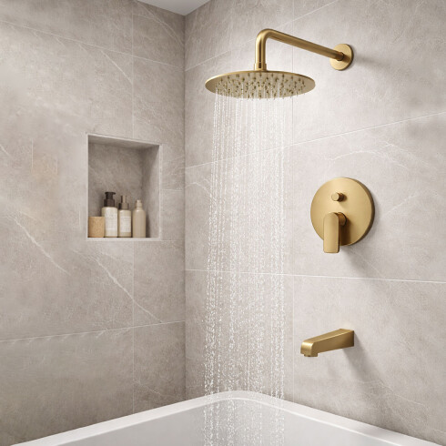 Griferia Para Ducha De Empotrar Monocomando 35Mm Con Roseta, Brazo Y Pico, Oro Semi Mate Alassio Aqualia DORADO-BRUSHED GOLD