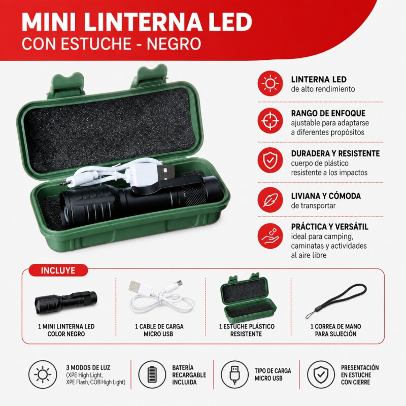 Mini linterna LED con estuche NEGRO