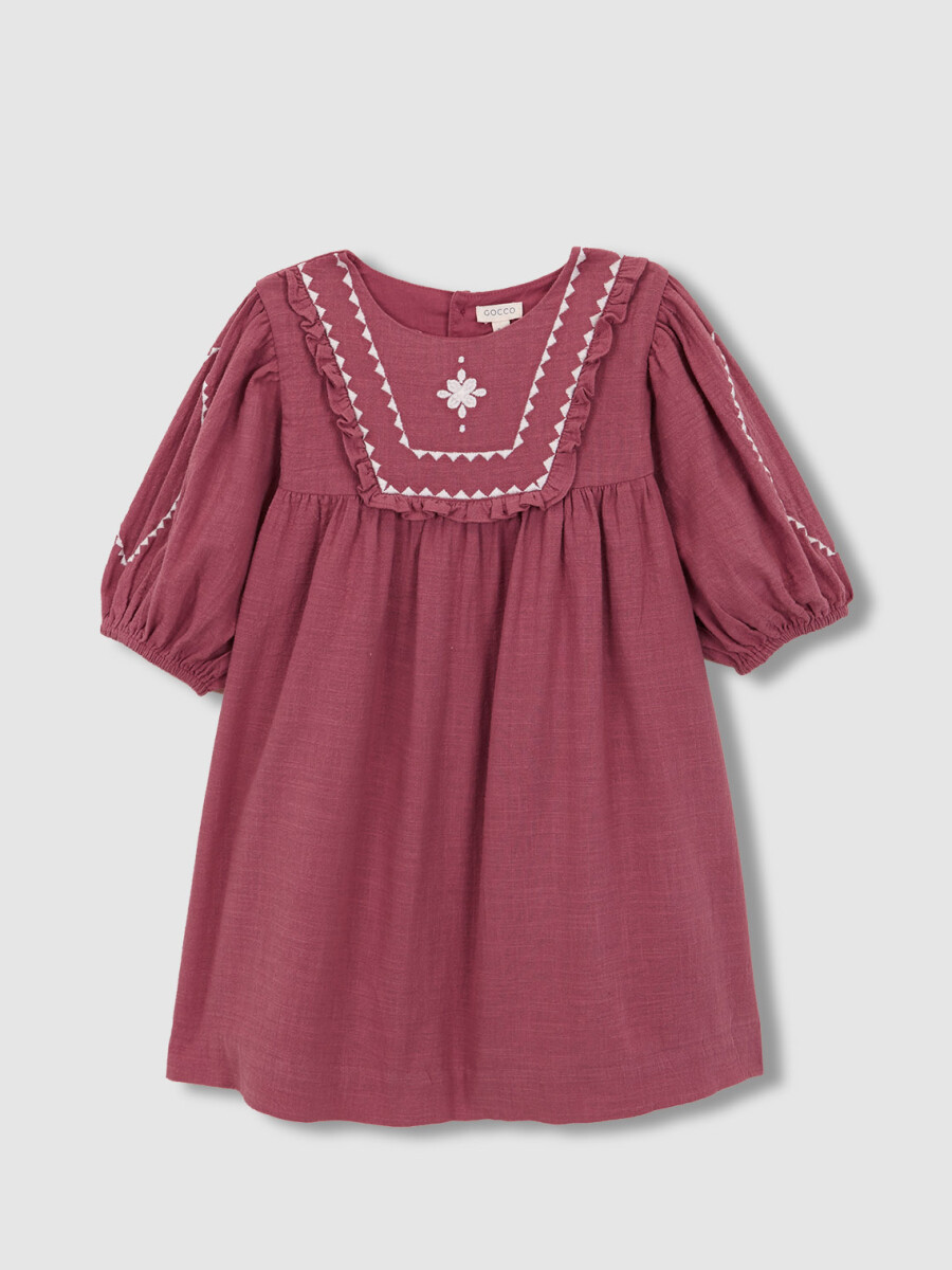 Vestido Manga Abullonada Con Bordados Berenjena
