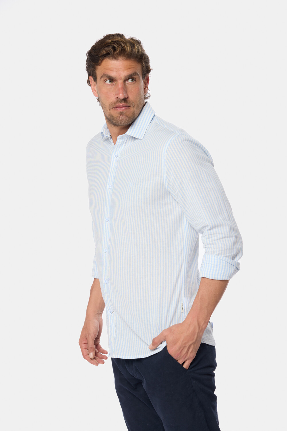CAMISA DE LINO RAYADA Azul
