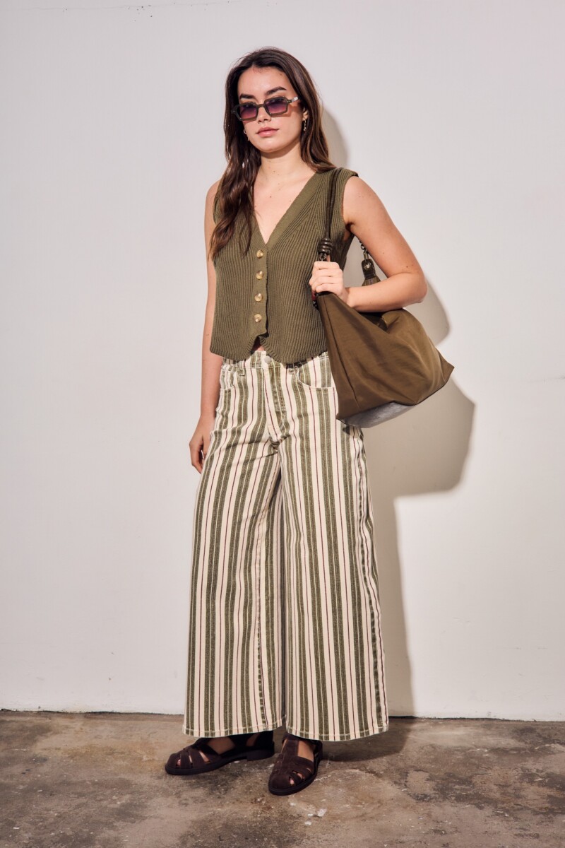 Jean Wide Leg Rayado Oliva Y Crema